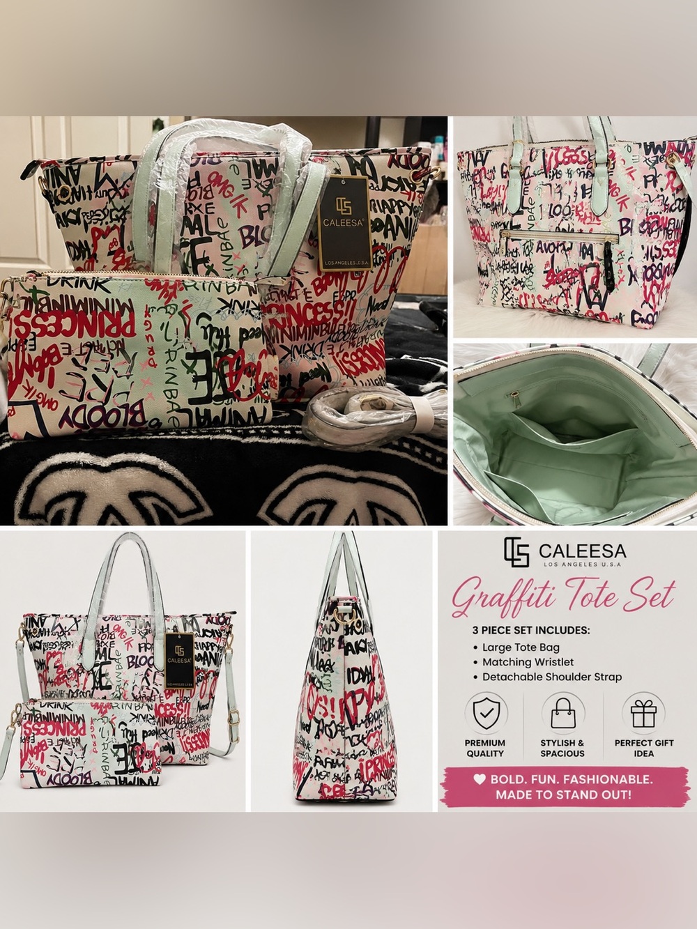 CALE Graffiti Print Tote Bag in Mint and Multi